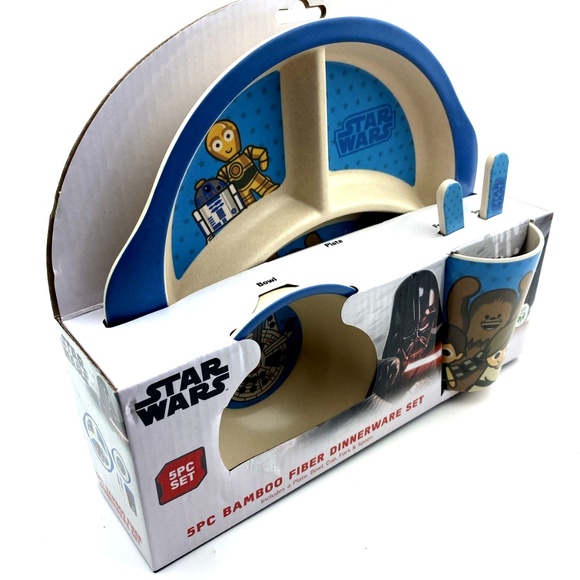 Starwars Baby Feeding Set 5pc Bamboo Fiber Dinnerware Plate Bowl Cup Spoon Fork - Picture 6 of 7